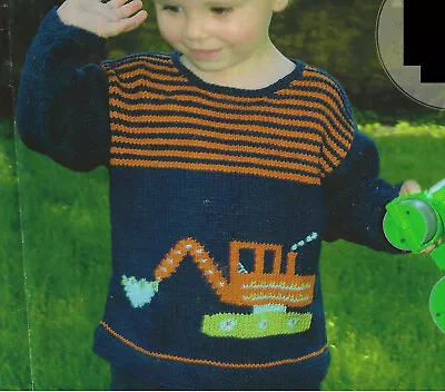 Boys Striped Digger Intarsia Motif Sweater Jumper KNITTING PATTERN DK 22 - 24  • £2.15