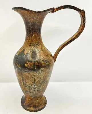 Vintage Metal Pitcher Distressed Unique Patina Rustic Handled Vase Farmhouse • $16.95