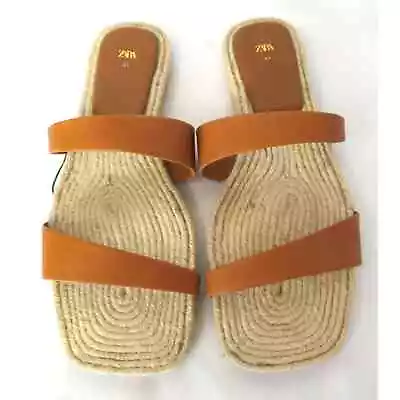 NWT Tan ZARA Leather Low Heeled Strappy Sandals W/ Jute Footbed Sz 10 EU 41 • $42