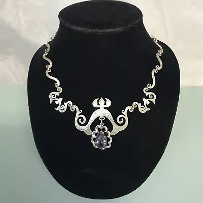 Vintage Victorian Ornate Sterling Silver Necklace With Amethyst Pendant • $225