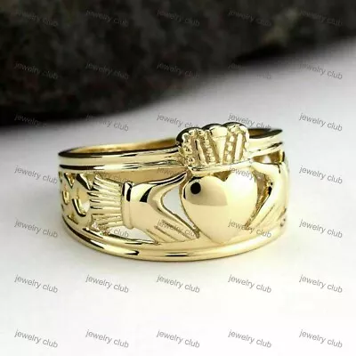 Yellow Plated Silver Men's Claddagh Wedding Band Ring Size 7891011 • $103.59