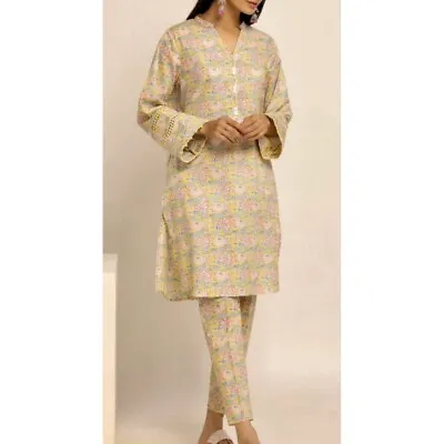 Khaadi Yellow Floral Printed 2pc Suit Pakistani Eid Cotton Co Ord Ethnic / UK 10 • £22.99