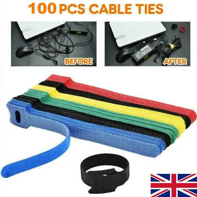 100PCS Cable Straps Reusable Wire Cord Hook Loop Ties Fastening  Tidy Organizer • £5.35
