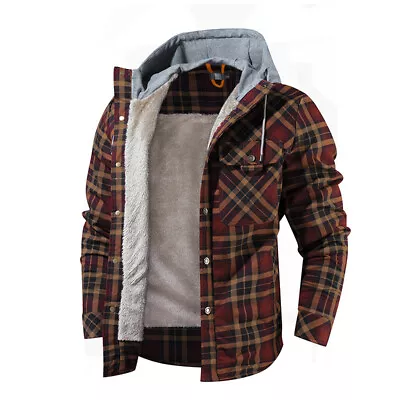 Mens Flannel Button Fleece Plaid Sherpa Hoodie Jacket Outwear **SHIPS FROM USA** • $38.99