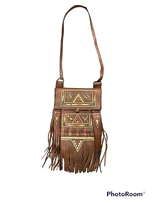 Vintage Boho Moroccan Fringe Leather Purse Messenger Bag 60s 70s Handmade Medium • $129.95