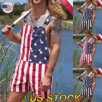 $9.99 • Buy Men's American Flag Print Suspender Jumpsuit Bib Pants Casual Shorts Overalls US
