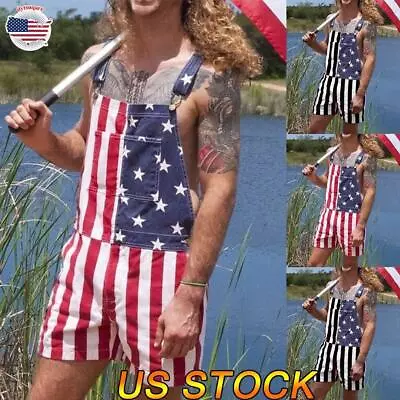 $9.99 • Buy Men's American Flag Print Suspender Jumpsuit Bib Pants Casual Shorts Overalls US