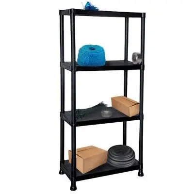 Black 4 Tier Plastic Shelving Unit Storage Racking Shelves Garage Warehouse Shed • £20.99