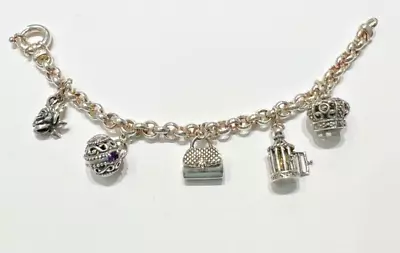 Kabana Sterling Silver Bracelet W/5 Charm -Birdcage Crown Handbag Rose Ball • $149.95