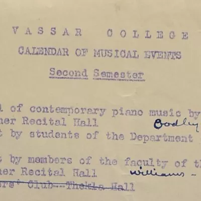 1943 Vassar College Musical Event Concert Calendar Thekla Club Poughkeepsie #2 • $19.25
