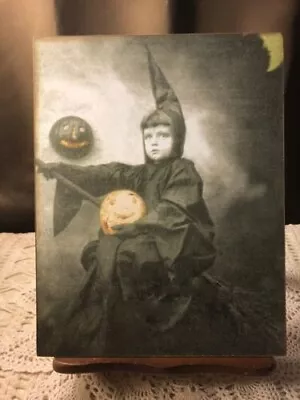 Vintage Halloween  Little Witch On Broom Handcrafted Plaque / Sign • $17.95