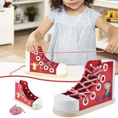 Kids Practice Learn To Tie Shoes Lace Tying Baby Wooden Learning Shoelace Toys • £11.96