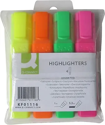 Neon Highlighters Marker Pens Assorted Q-Connect 5.2mm Line 1mm Tip 4 Pack • £2.99