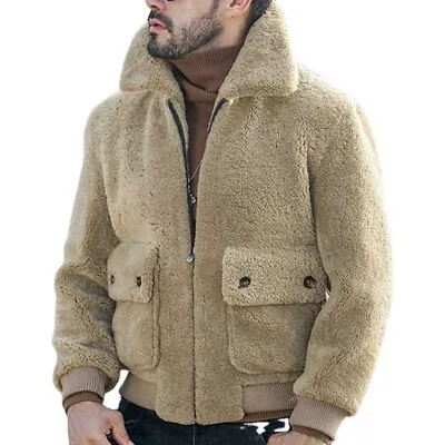 Men's Stand Collar Faux Wool Fur Coat Zip Up Putdoor  Thicken Warm Casual Jacket • $48.97