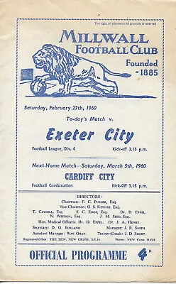 Millwall V Exeter City 27 February 1960 Division 4 Vgc • £1.75