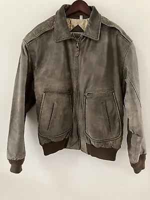 Vintage Phase 2 Leather Bomber Jacket Sz LT 80s Brown Aviator Korea Map Lining • $49.99