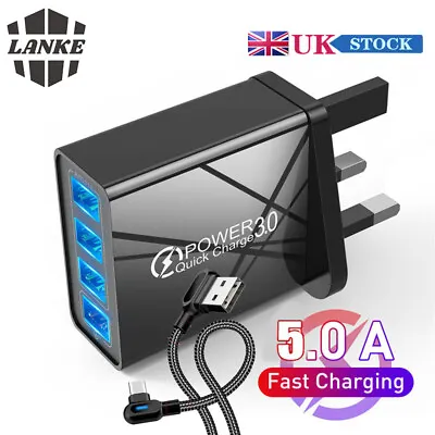 USB Wall Charger Plug UK 4 Ports 5A/30W Fast Charger Adaptor Quick Charge 3.0 • £4.98