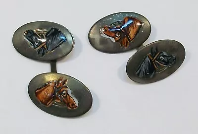 Antique Victorian Enamel HORSE HEADS With Reins Oval Metal Cufflinks UNUSUAL • $12.50