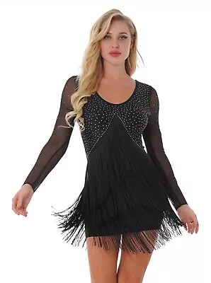 IEFFIEL Womens Black Mesh Long Sleeve Tassel Rhinestone Dance Dress Size Small • $16