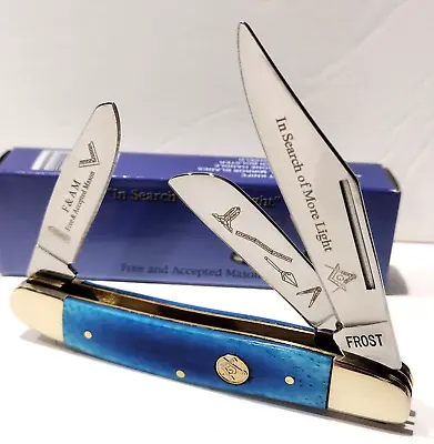 Frost Cutlery Masonic Wrangler Blue Smooth Bone Folding Pocket Knife • $18.95