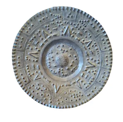 Vintage Aztec Mayan Handcrafted Calendar Carved Brass Plate Platter  11.5” • $45