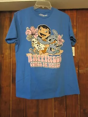 Disney Lilo & Stitch Happiness Comes In Waves T T-Shirt NWT Blue M Medium • $14.99