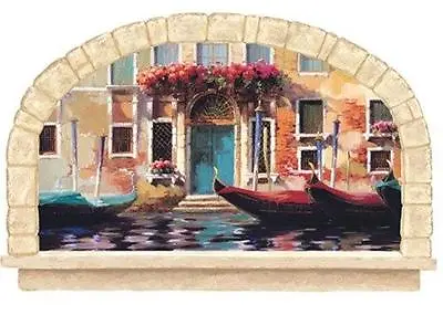 Wallpaper Mural Faux Stone Arch Window Venetian Gondolas Venice Tuscan Italy • $19.19