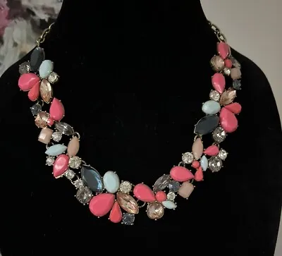 J Crew Mixed Stones Crysyal Cluster Necklace Bright Coral Pink Gold Multicolor • $25.49