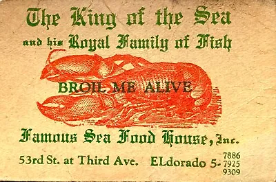 Vintage BUSINESS CARD For KING Of The SEA RESTAURANT NEW YORK CITY 1940s • $1