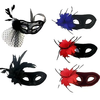 Masquerade Ball Ladies FEATHER FACE EYE MASKS Fancy School Play Office Party • £8.30