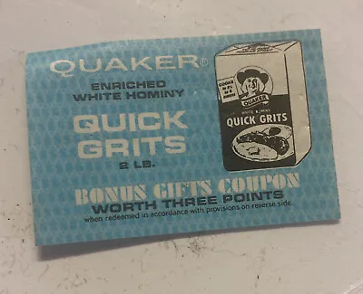 Vintage Quaker  Quick Grits Cereal Bonus Gift Coupon • £4.82