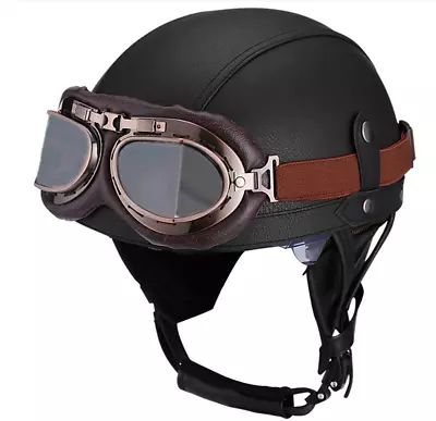 Vintage Leather Motorcycle Retro Half Helmet Scooter Bike Cruiser With Goggles • $49.99