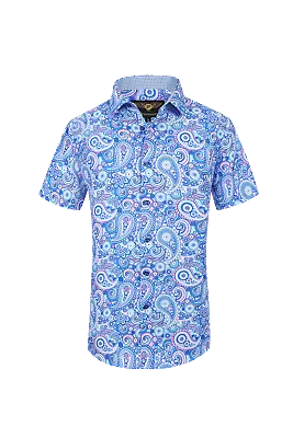 Mens PREMIERE Casual Short Sleeve Button Down Dress Shirt Blue Pink PAISLEY 749 • $35.95