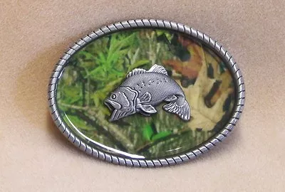 Belt Buckle Oval Pewter With Pewter Bass Over Camouflage Rope Edges • $15