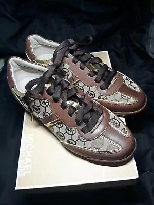 Michael Kors MK Gold Logo Trainer Mocha Monogram Jacquard Sneakers Sz 10M • $60