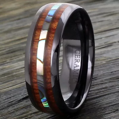 8mm Black Hi-Tech Ceramic Hawaiian Koa Wood & Abalone Band Ring - Engravable • $15.99