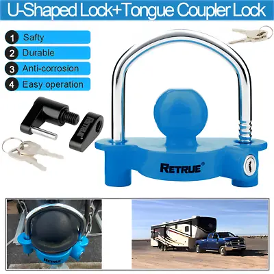 $30.54 • Buy Trailer Hitch Security Lock Set Including Blue U-Shape+Tongue Coupler Lock Steel