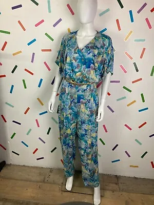 True Vintage 80s Bright Blue Floral Design Jumpsuit With Pockets - Size 16/18 • £48