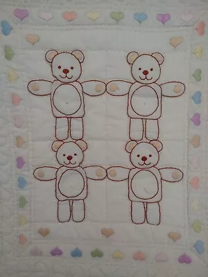 Vintage Hand Embroidered Quilt Block 16 X19  Cream Bear Family Nursery Batted • $17