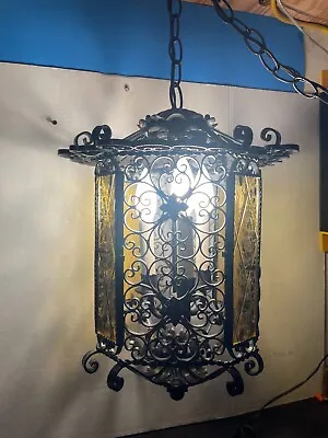 Antique Wrought Iron  Amber Glass Chandelier Hanging Light Fixture Gothic • $160