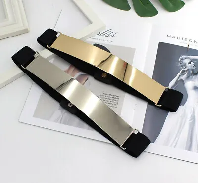 Mirror Gold/Silver Tone Plate Metal Elastic Waist Stretchy Wide Dress Belt NEW • $21.99