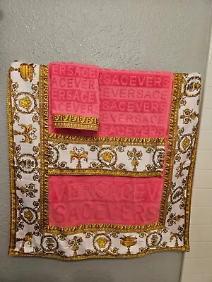 Authentic VERSACE Pink Baroque 3 Pc Bath Towel Hand Rag Set Cotton Silk NEW! • $295