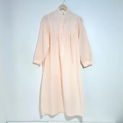 Vintage Night Dress UK 16 Peach Pink Long Sleeve Gown Boudoir High Neck Ruffle • £19.99