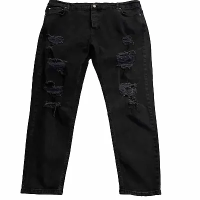 BOOHOO MAN Jeans Men Black Denim Measured Waist 42” Distressed Button Fly  • $15.96