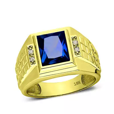 Mens Solid 18K Gold Blue Sapphire Ring 0.08ct Natural Diamonds Fine Ring For Man • $1349