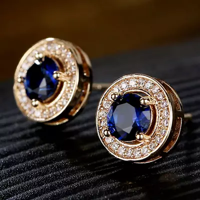 2.4Ct Lab Created Diamond Blue Sapphire Halo Earrings 14K Yellow Gold Finish • $28.98