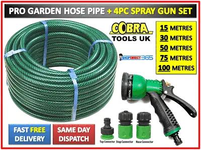 Garden Hose Pipe Reel Tough Reinforced Outdoor Hosepipe Metres + FREE Spray Gun • £16.95