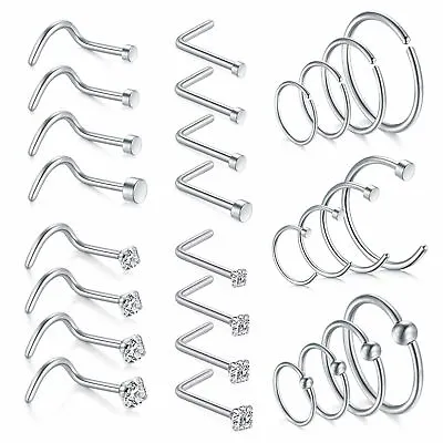 28Pcs 18G Men Women Nose Rings Hoop Surgical Stainless Steel L Shaped Nose Studs • $9.99