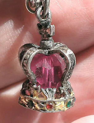 Vintage Sterling English Multicolored Jeweled Crown Charm W/ Large Pink Crystal! • $40