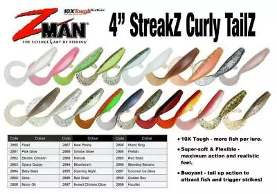 Zman StreakZ Curly Tail 4  Soft Plastic Fishing Lure - Choose Colour BRAND NEW @ • $11.99
